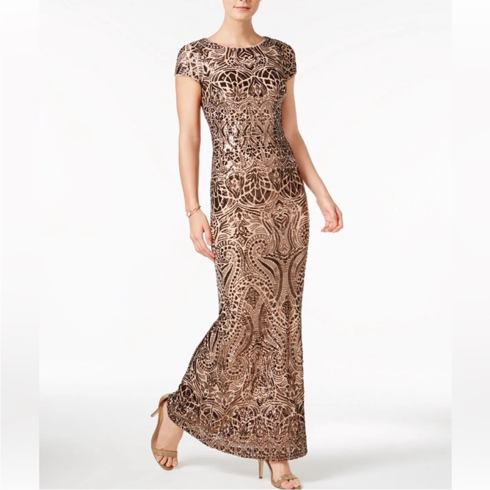 Betsy & Adams Brown Sequin Evening Gown